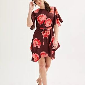 Floral Flutter Sleeve Dress in Brown and Coral